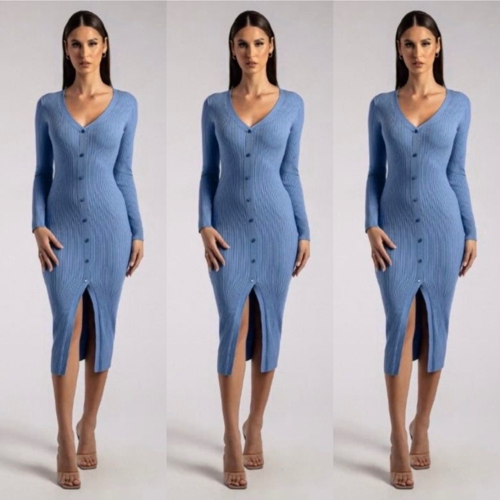 Meshki Brynn Blue Long Sleeve V-Neck Bodycon Dress